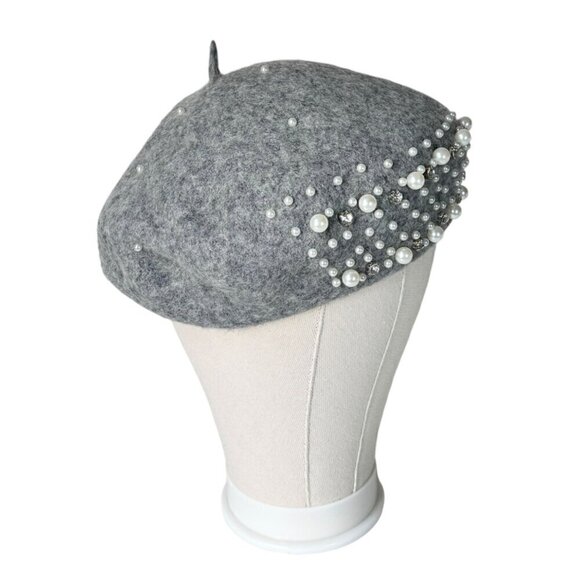 NEW Beret Hat Gray Wool Felt Beaded Embellished Rhinestones Pearls Coquette 90s - Picture 6 of 12